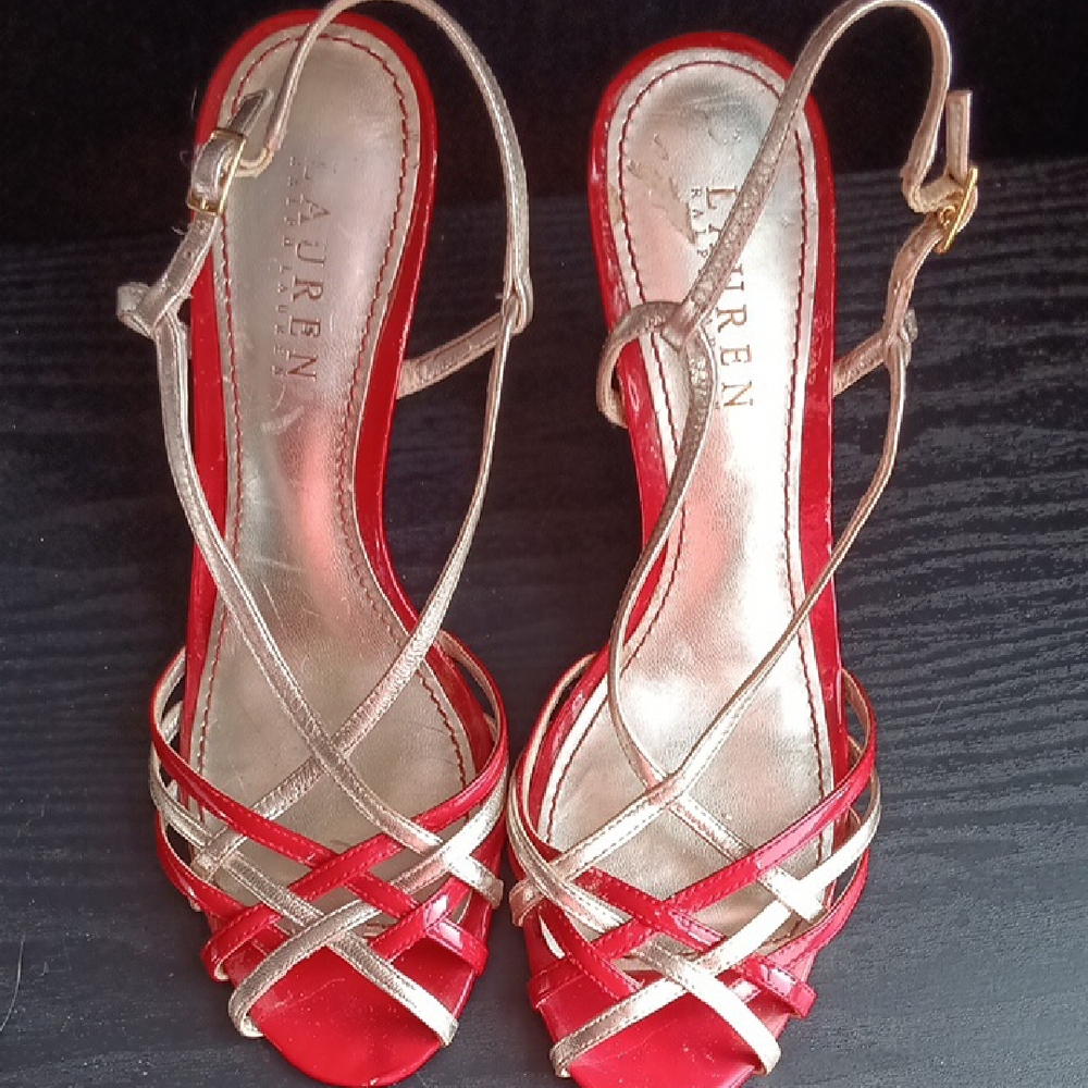 Lauren Ralph Lauren Red Gold Strappy Heels Ankle Strap Open Toe Sandals Size 7